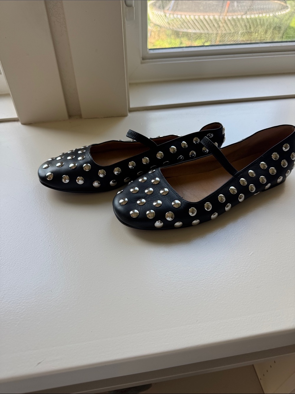 Madewell Black Leather Mary Jane Flats with Silver Studs - Picture 2 of 7